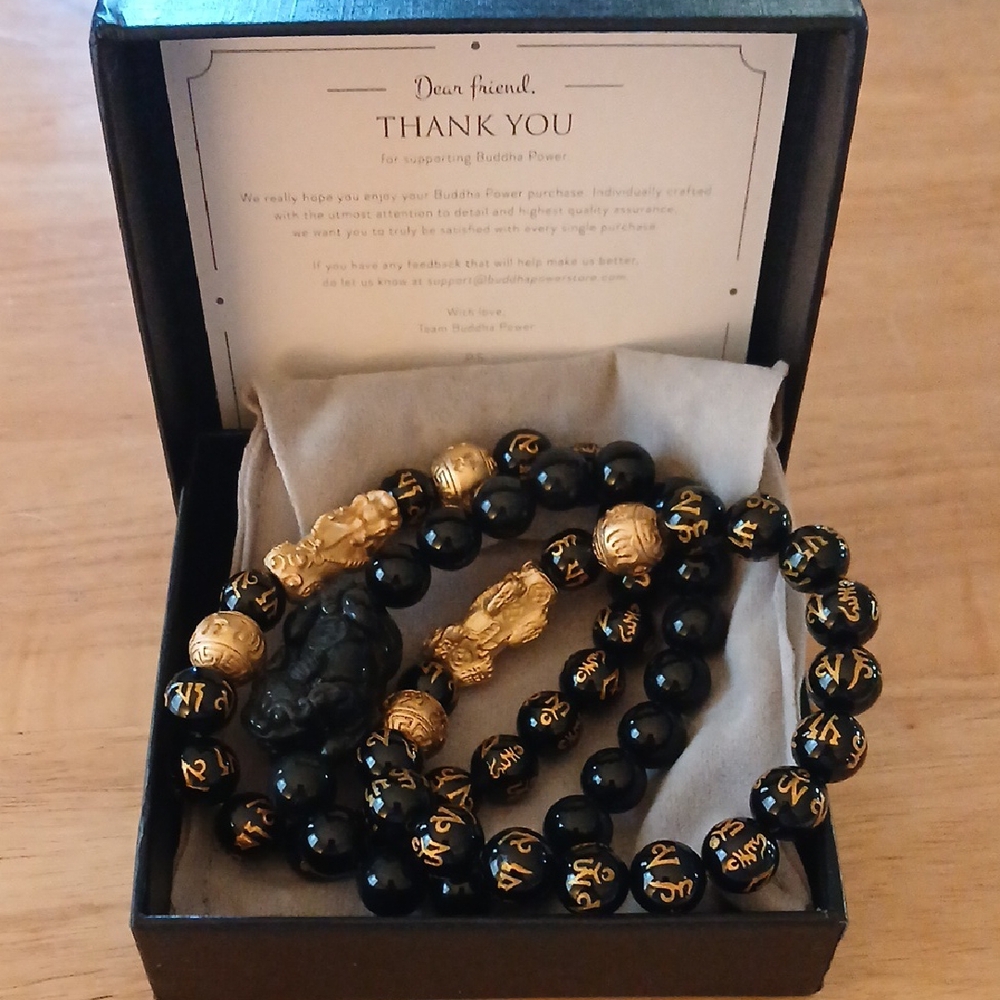 NIB 3 piece Buddha Power Feng Shui Black Obsidian Set